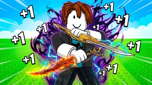 Roblox character from +1 Assassin Leveling holding two ornate daggers, surrounded by floating '+1' popups and purple lightning effects