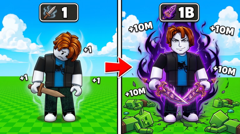Before-and-after progression split showing a weak starter with a wooden sword transforming into a powerful purple-aura assassin with twin daggers.